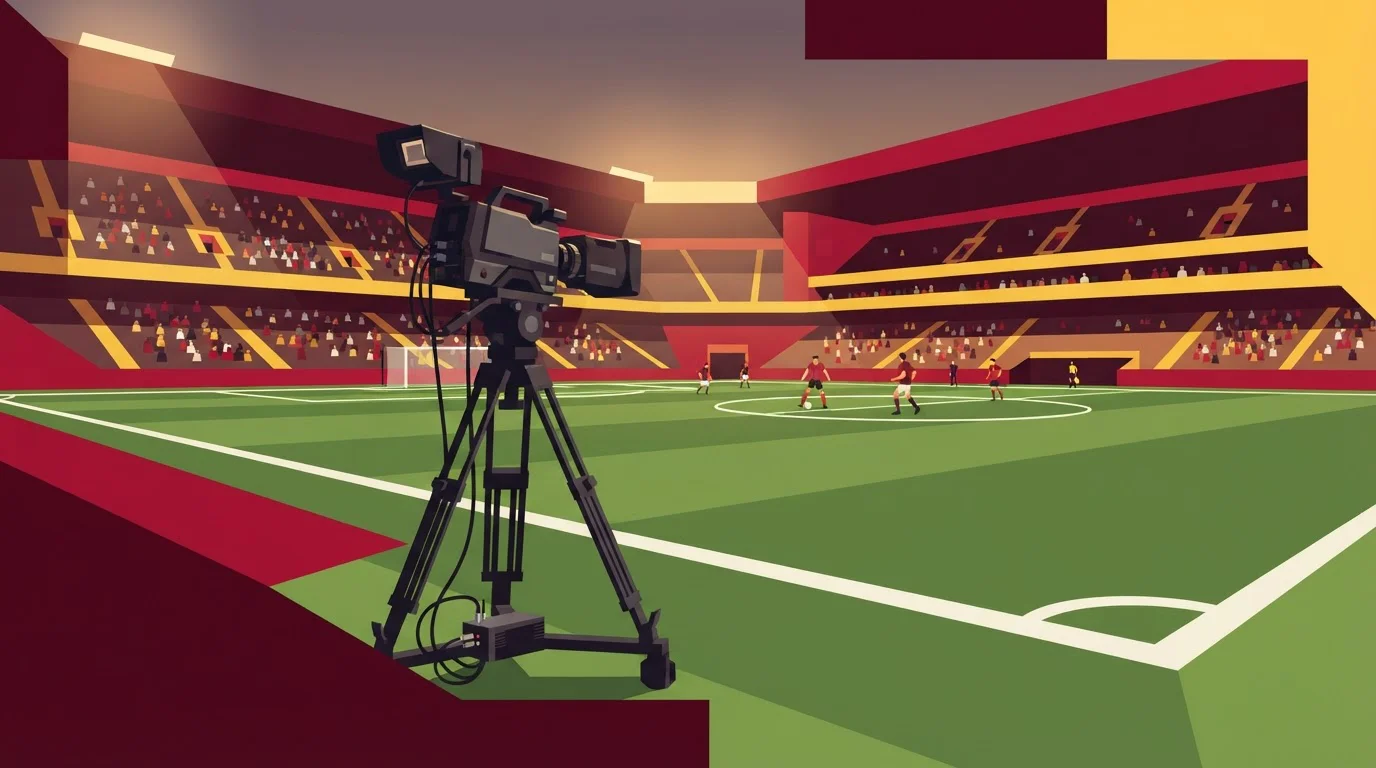 Fernsehkamera auf Stativ an der Seitenlinie eines Spielfelds
