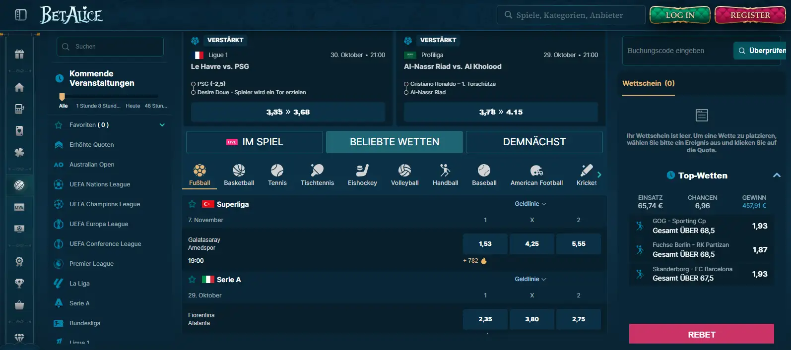 Sportkategorien und Wettmärkte im Sportbereich von BetAlice