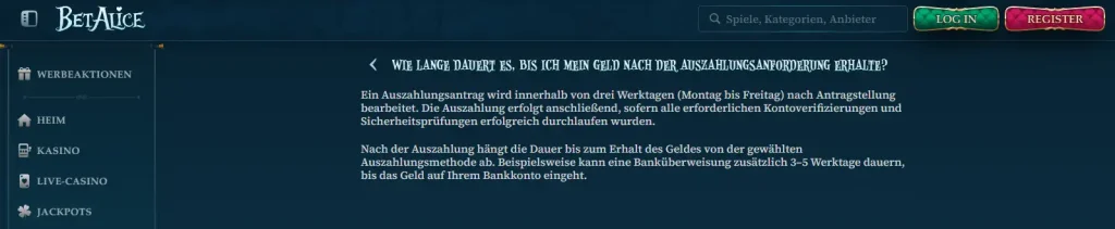 Hilfeseite von BetAlice mit Angaben zur Bearbeitung einer Auszahlung und zur Dauer einer Banküberweisung