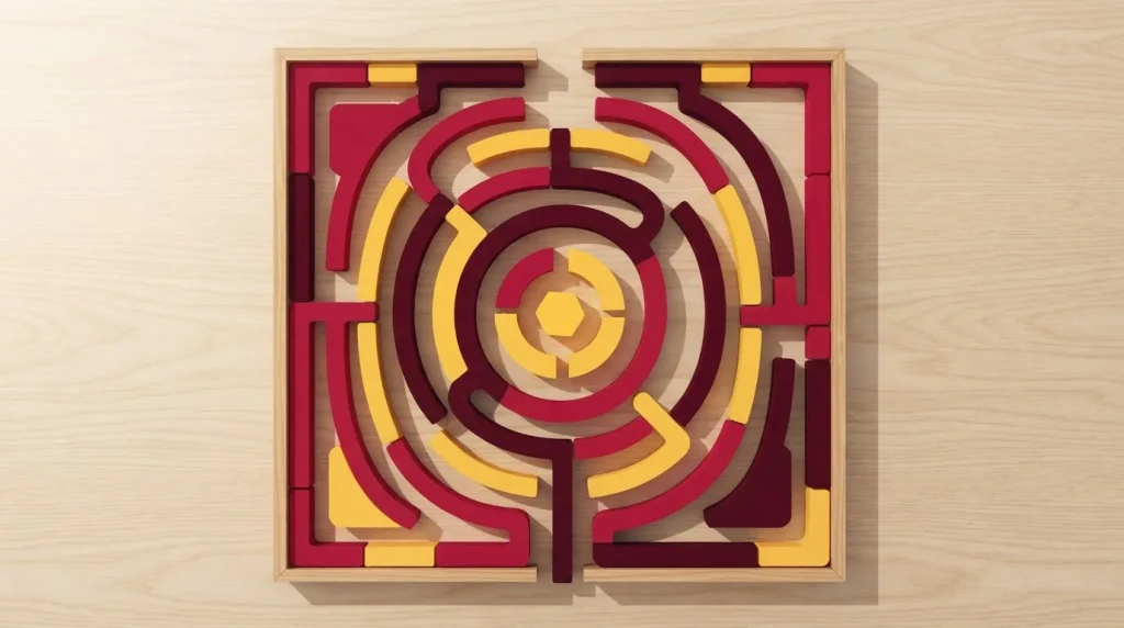 Labyrinth mit breiten Gängen und einem sichtbaren Ausgang von oben