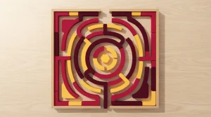 Labyrinth mit breiten Gängen und einem sichtbaren Ausgang von oben