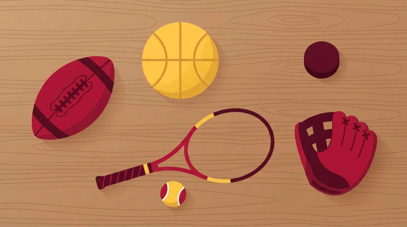 Fußball, Basketball, Tennisschläger und weitere Sportgeräte auf einem Holztisch