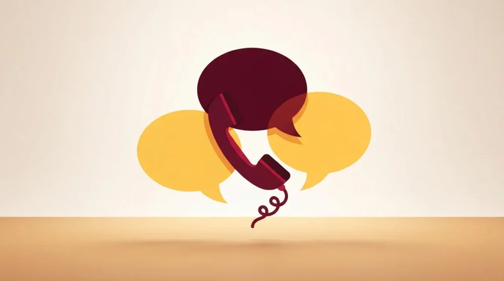 Sprechblasen neben einem Telefonhörer auf einer schematischen Kontaktfläche